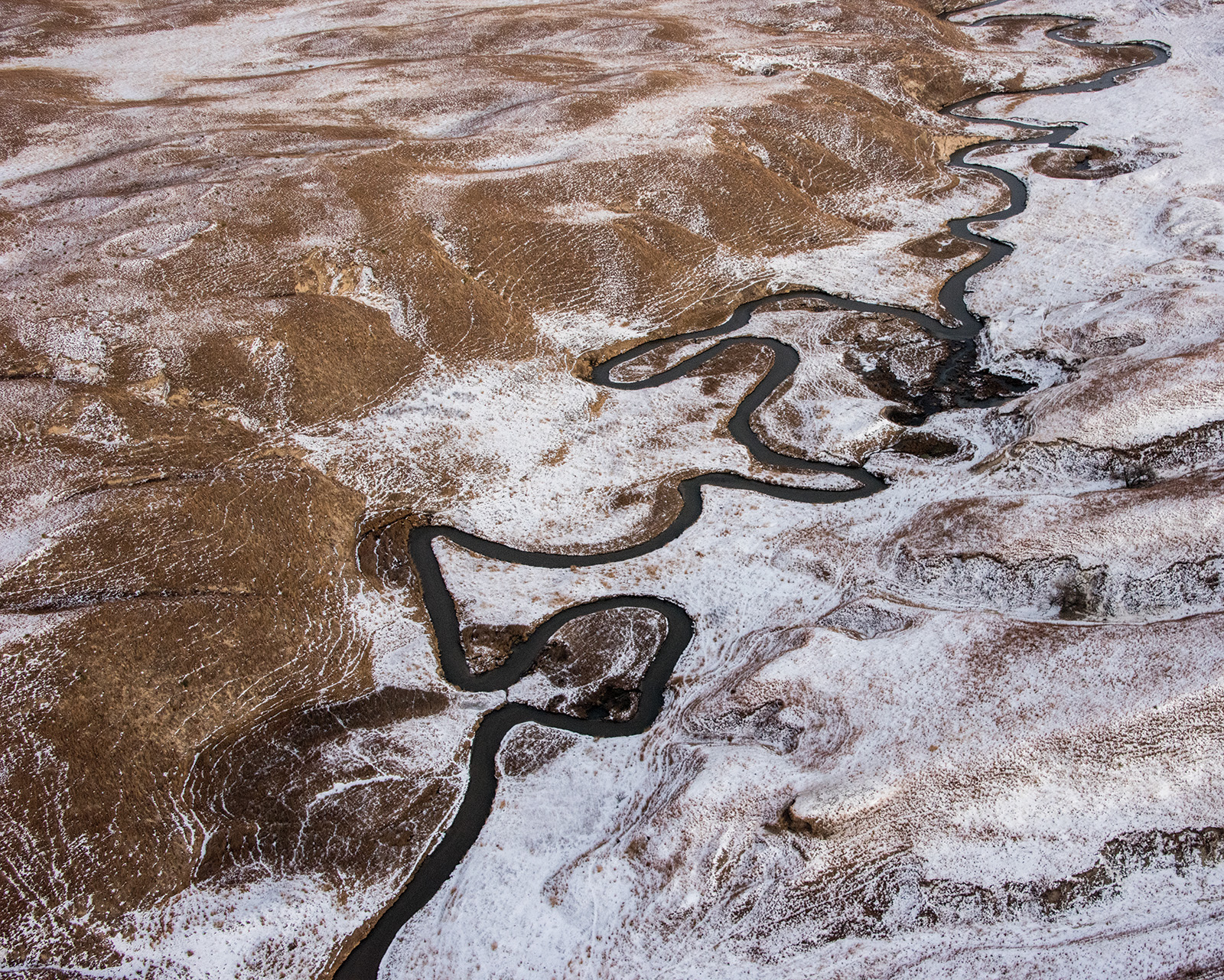 Aerial photo showing the braiding channel of Birdwood Creek.