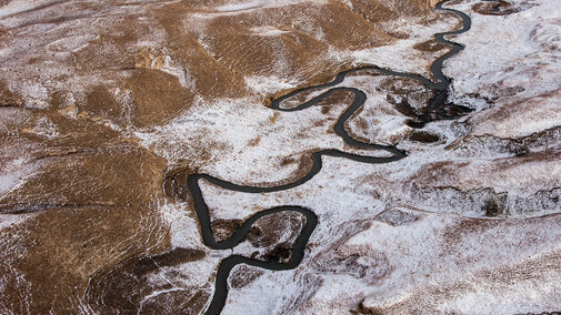Aerial photo showing the braiding channel of Birdwood Creek.