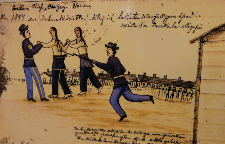Death of Crazy Horse at Fort Robinson, depicted as ledger art by Amos Bad Heart Bull (Wanbli Waphanha), an Oglala Lakota witness to the event.